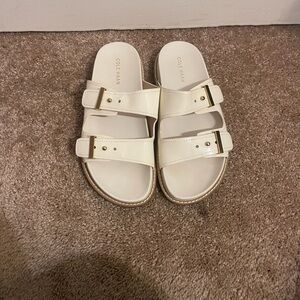 Cole Haan Cream Slide Sandals with Gold Buckles